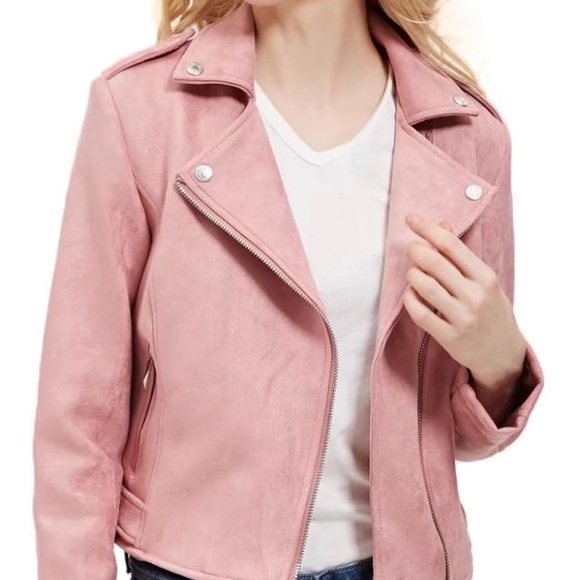 women blush pink moto zip blazer jacket long sleeve motorcycle - Picture 6 of 10